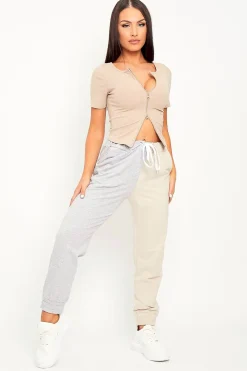 Rebellious Fashion Beige Half Grey Elasticated Waist Joggers - Dasha