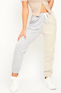 Rebellious Fashion Beige Half Grey Elasticated Waist Joggers - Dasha
