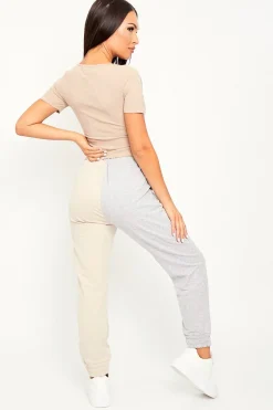 Rebellious Fashion Beige Half Grey Elasticated Waist Joggers - Dasha