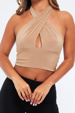 Rebellious Fashion Beige Halter Neck Slinky Crop Top - Jessabel