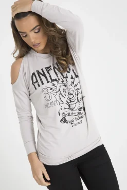 Rebellious Fashion Beige Heavy Metal Cold Shoulder Jumper - Neve