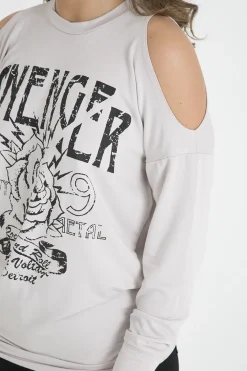 Rebellious Fashion Beige Heavy Metal Cold Shoulder Jumper - Neve