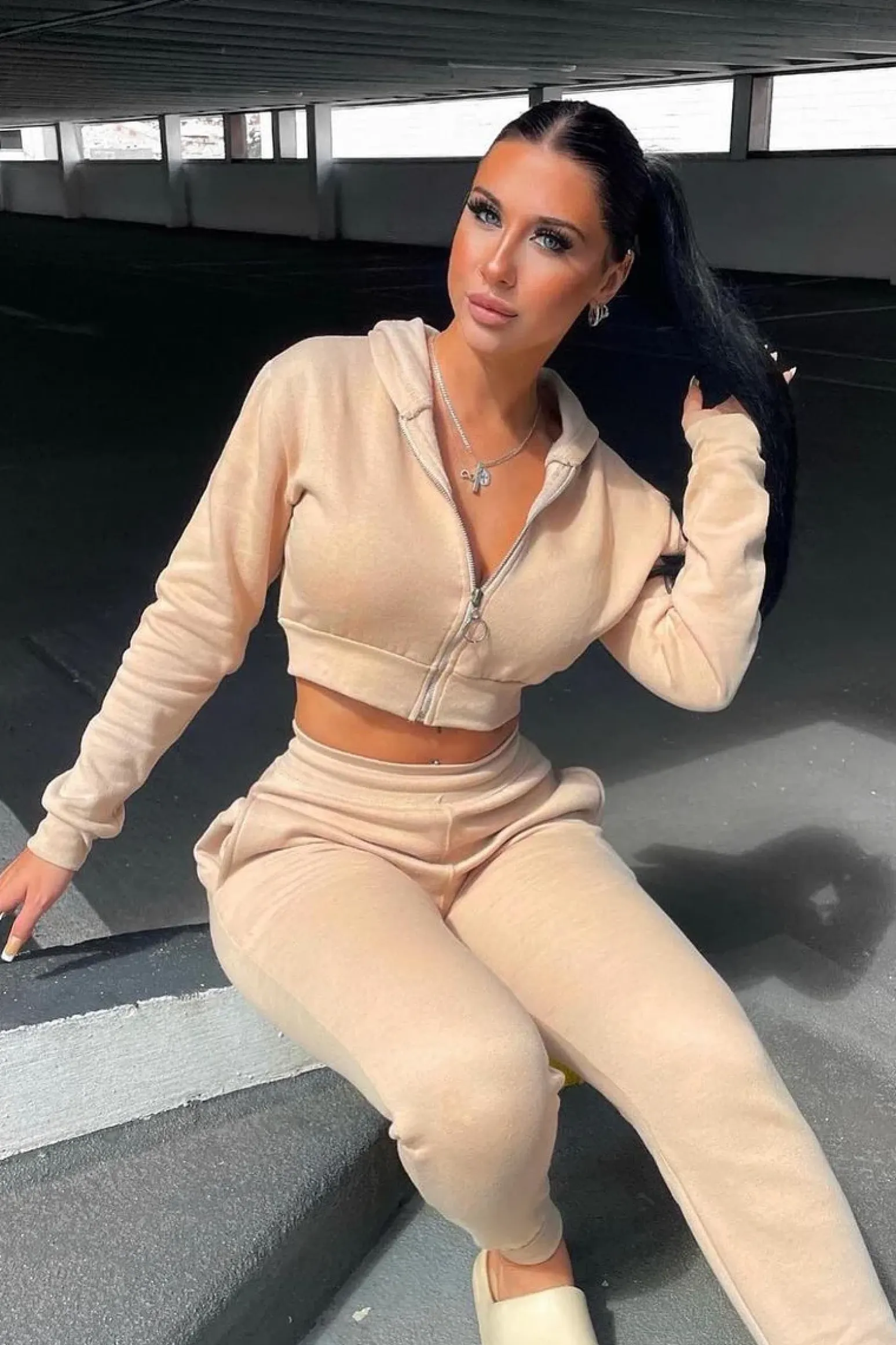 Rebellious Fashion Beige Hoodie and Joggers Loungewear Co-ord Set - Bluebell