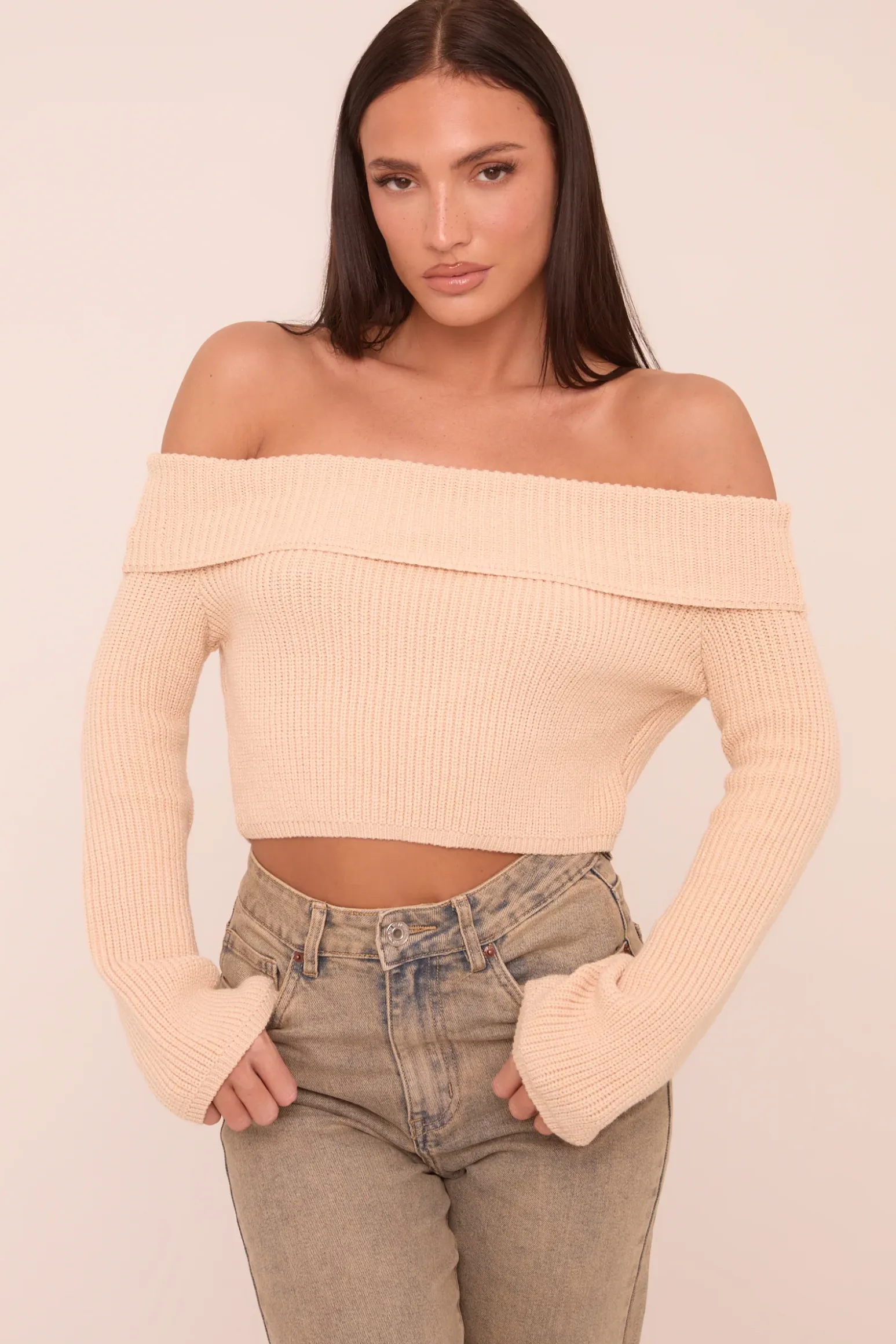 Rebellious Fashion Beige Knit Bardot Long sleeves Cropped Jumper Top - Roberta