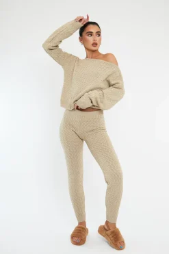 Rebellious Fashion Beige Knit Cropped Jumper & Jogger Set - Kezzie