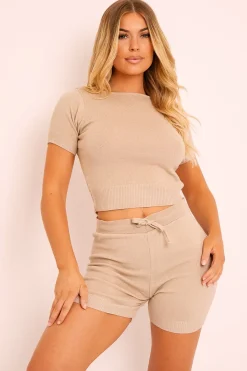 Rebellious Fashion Beige Knit Crop Top Shorts Loungewear Set - Sofiah