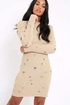 Rebellious Fashion Beige Knit Distressed Jumper Dress - Cheryl