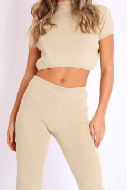 Rebellious Fashion Beige Knit High Neck Crop Top and Trouser Co-ord - Helena