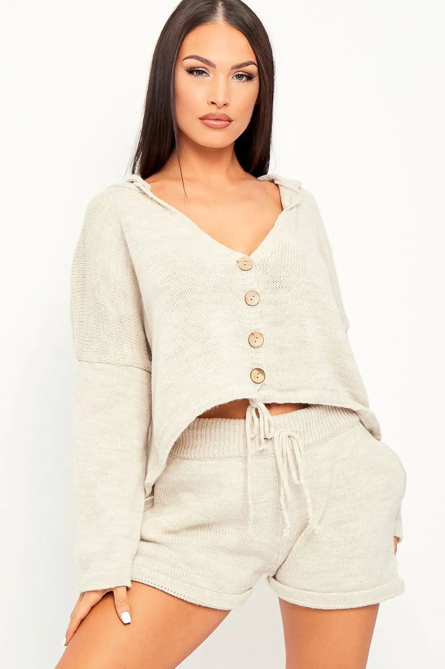 Rebellious Fashion Beige Knit Hoodie Cardigan + Shorts Co-ord - Esther