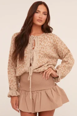 Rebellious Fashion Beige Knit Leopard Print Tie Front Cardigan - Trinidy