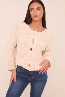 Rebellious Fashion Beige Knit Round Neck Long Sleeves Cardigan - Edna