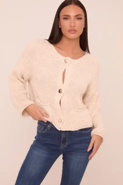 Rebellious Fashion Beige Knit Round Neck Long Sleeves Cardigan - Edna