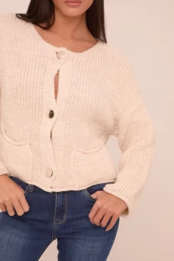 Rebellious Fashion Beige Knit Round Neck Long Sleeves Cardigan - Edna
