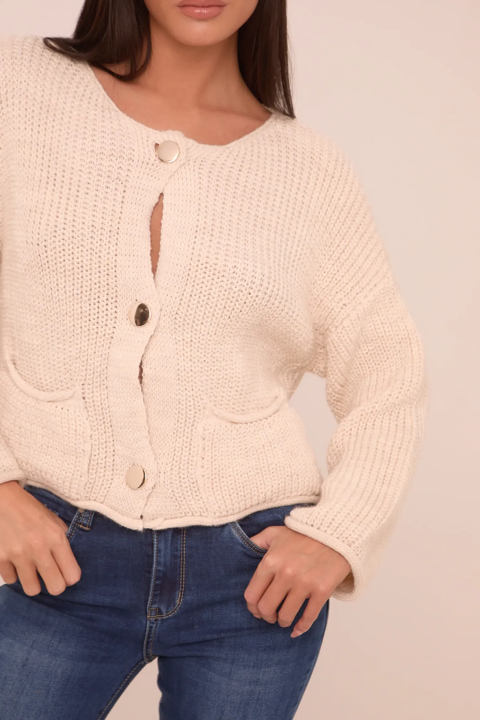 Rebellious Fashion Beige Knit Round Neck Long Sleeves Cardigan - Edna