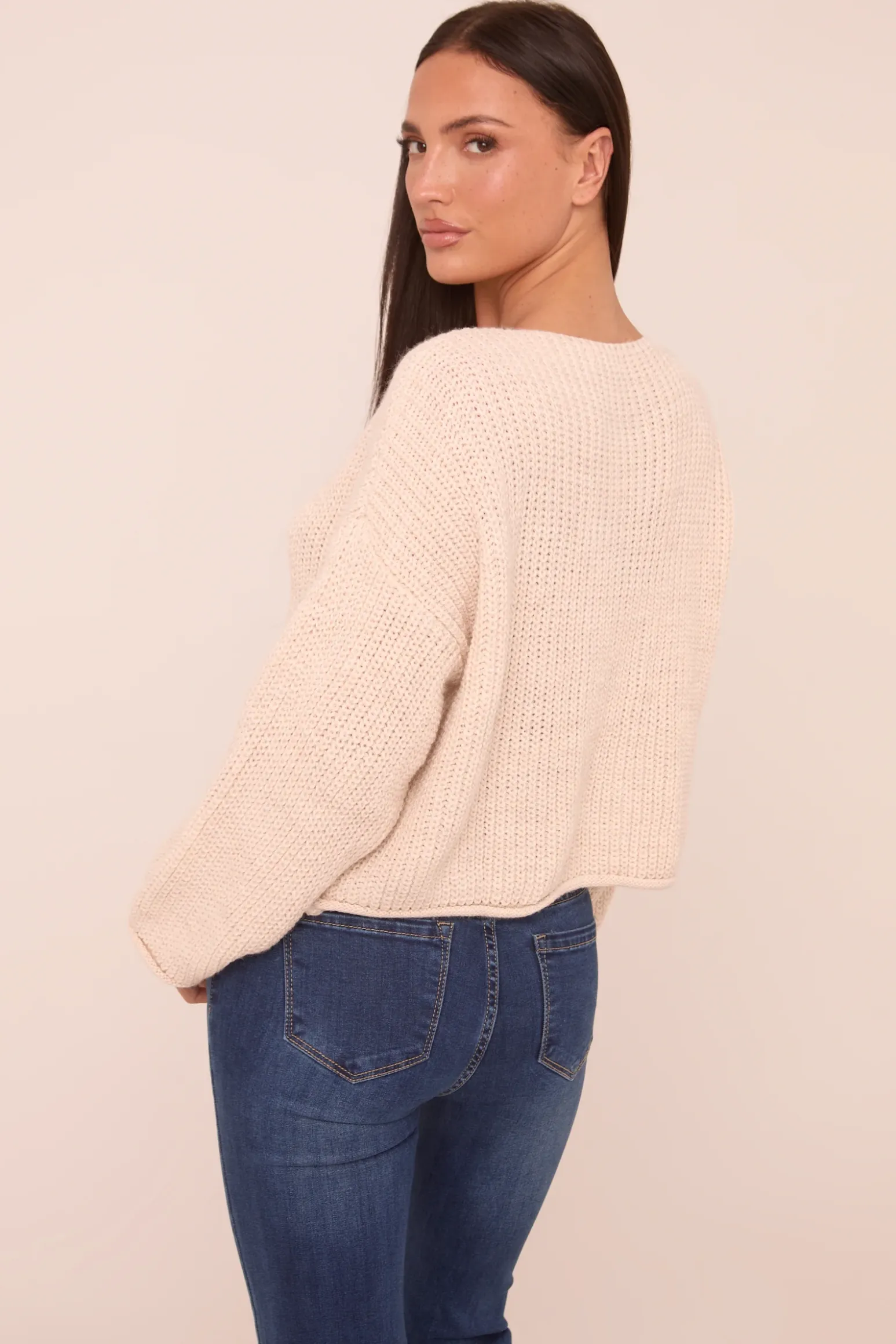 Rebellious Fashion Beige Knit Round Neck Long Sleeves Cardigan - Edna