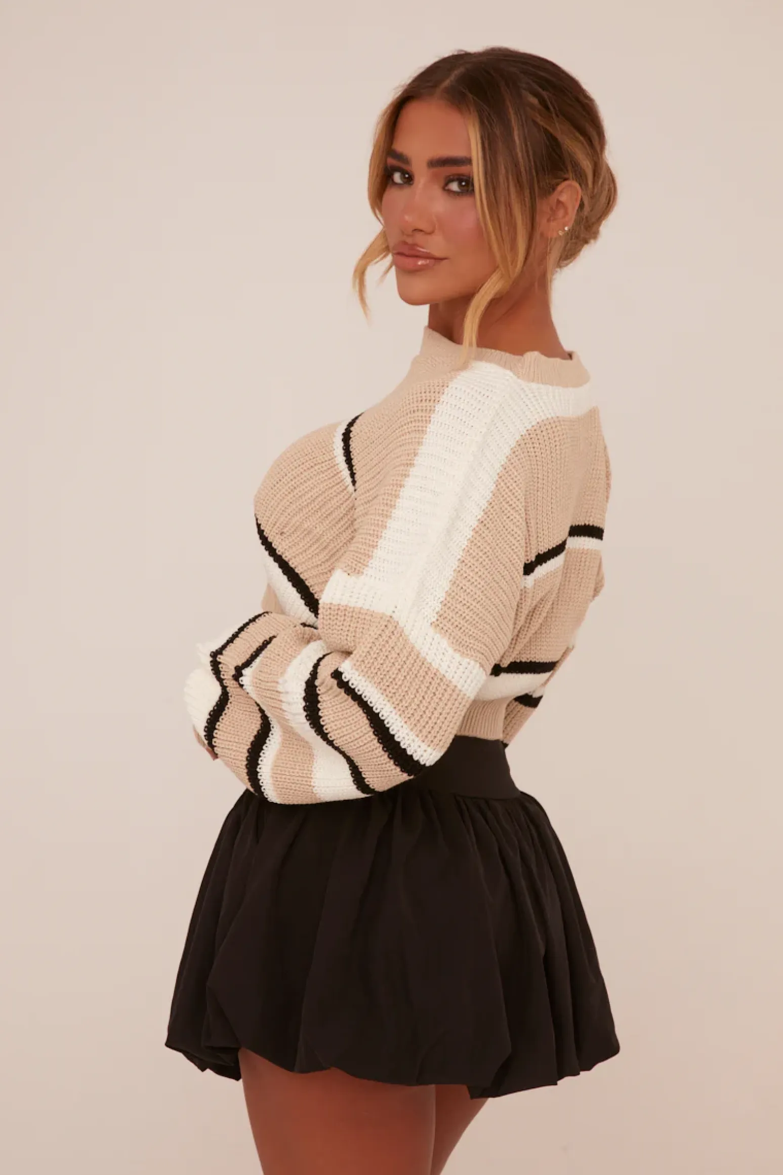 Rebellious Fashion Beige Knit Striped Cropped Jumper - Trinity