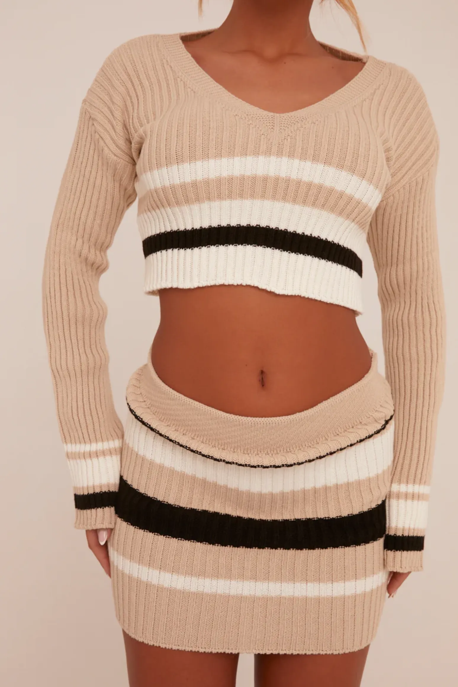Rebellious Fashion Beige Knit Striped Cropped Top & Mini Skirt Co-ord Set - Alonii