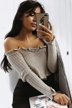 Rebellious Fashion Beige Knitted Bardot Frill Crop Top - Kesia