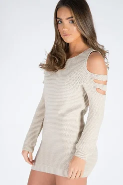 Rebellious Fashion Beige Knitted Cold Shoulder Cut Out Jumper Dress - Sienna