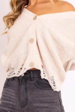 Rebellious Fashion Beige Knitted Distressed Button Front Cardigan - Trudie