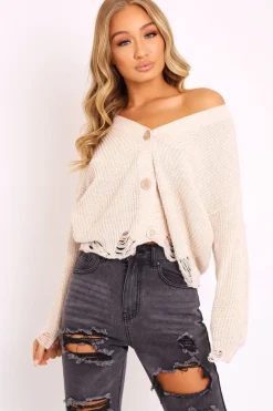 Rebellious Fashion Beige Knitted Distressed Button Front Cardigan - Trudie