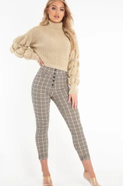 Rebellious Fashion Beige Knitted Puff Arm High Neck Jumper - Lola