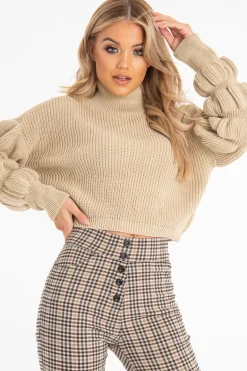 Rebellious Fashion Beige Knitted Puff Arm High Neck Jumper - Lola