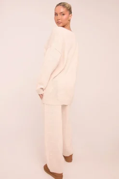 Rebellious Fashion Beige Knit Tie Front Cardigan & Straight Leg Co-ord Set - Valeria