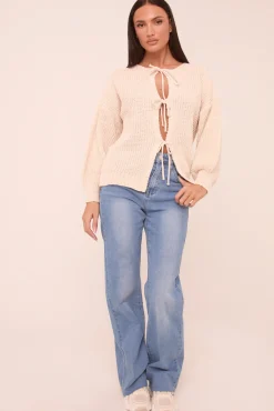 Rebellious Fashion Beige Knit Tie Front Detail Long Sleeves Cardigan - Ava