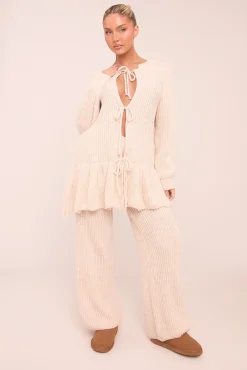 Rebellious Fashion Beige Knit Tie Front Frill Hem Cardigan & Straight Leg Trouser Loungewear Co-ord Set - Julianna