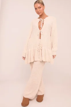 Rebellious Fashion Beige Knit Tie Front Frill Hem Cardigan & Straight Leg Trouser Loungewear Co-ord Set - Julianna