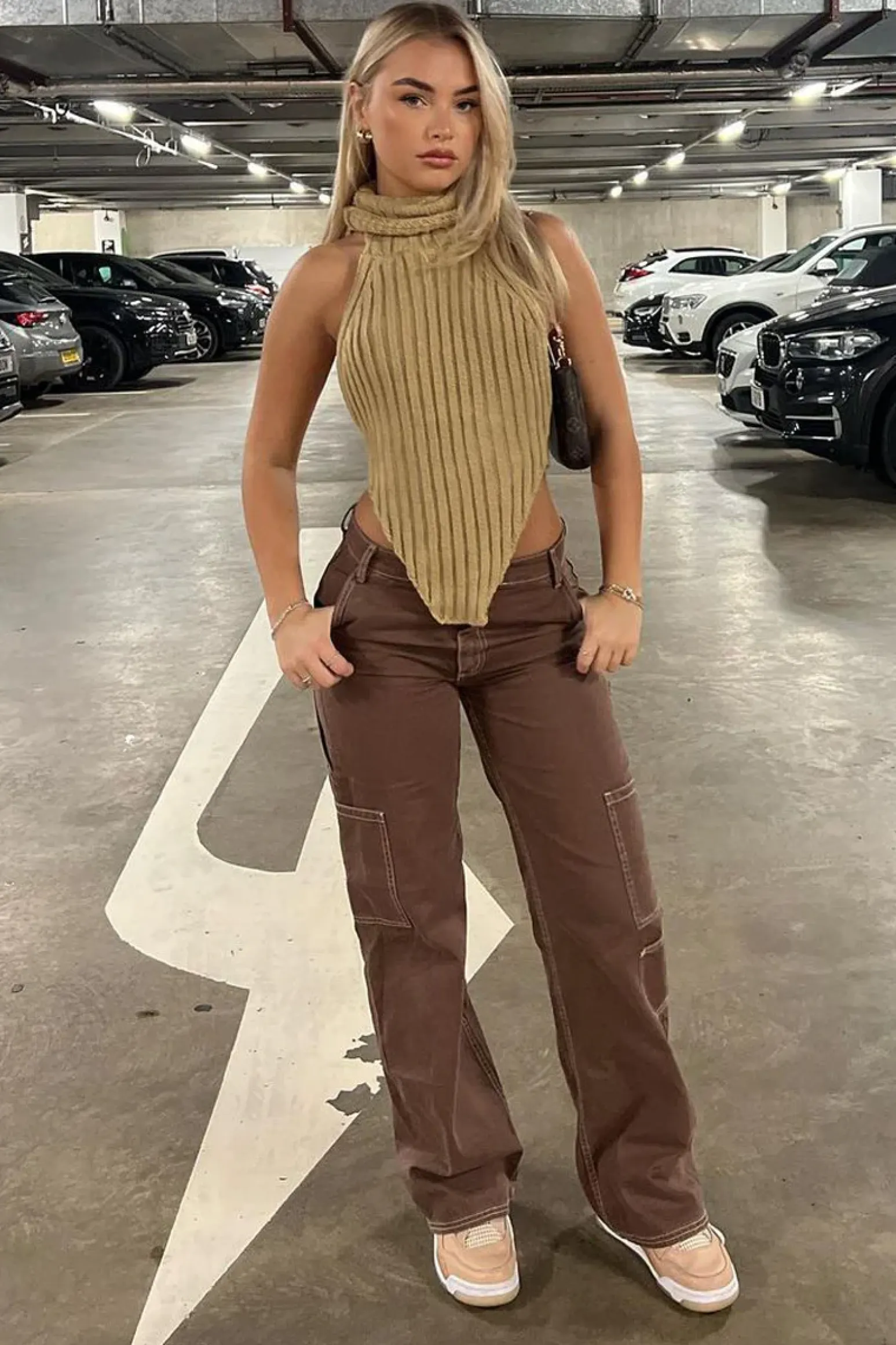Rebellious Fashion Beige Knit Turtle Neck Asymmetric Crop Top - Tatum