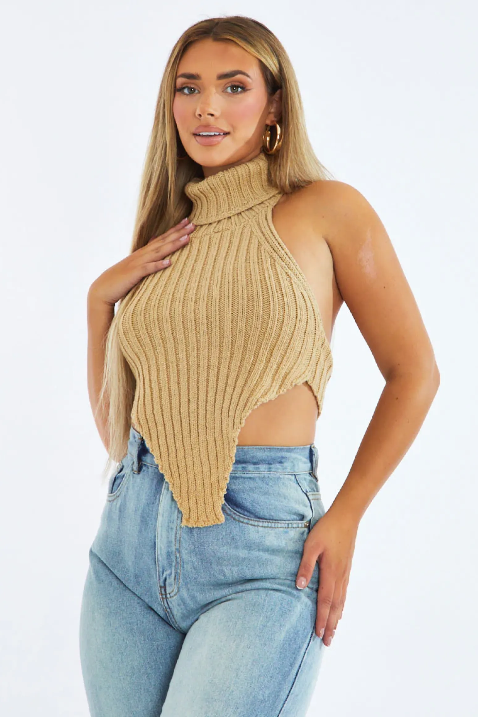 Rebellious Fashion Beige Knit Turtle Neck Asymmetric Crop Top - Tatum