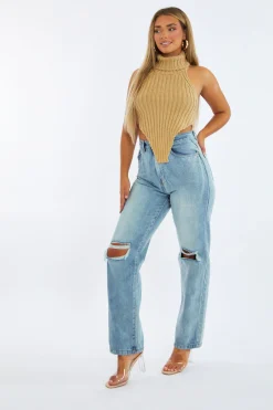 Rebellious Fashion Beige Knit Turtle Neck Asymmetric Crop Top - Tatum