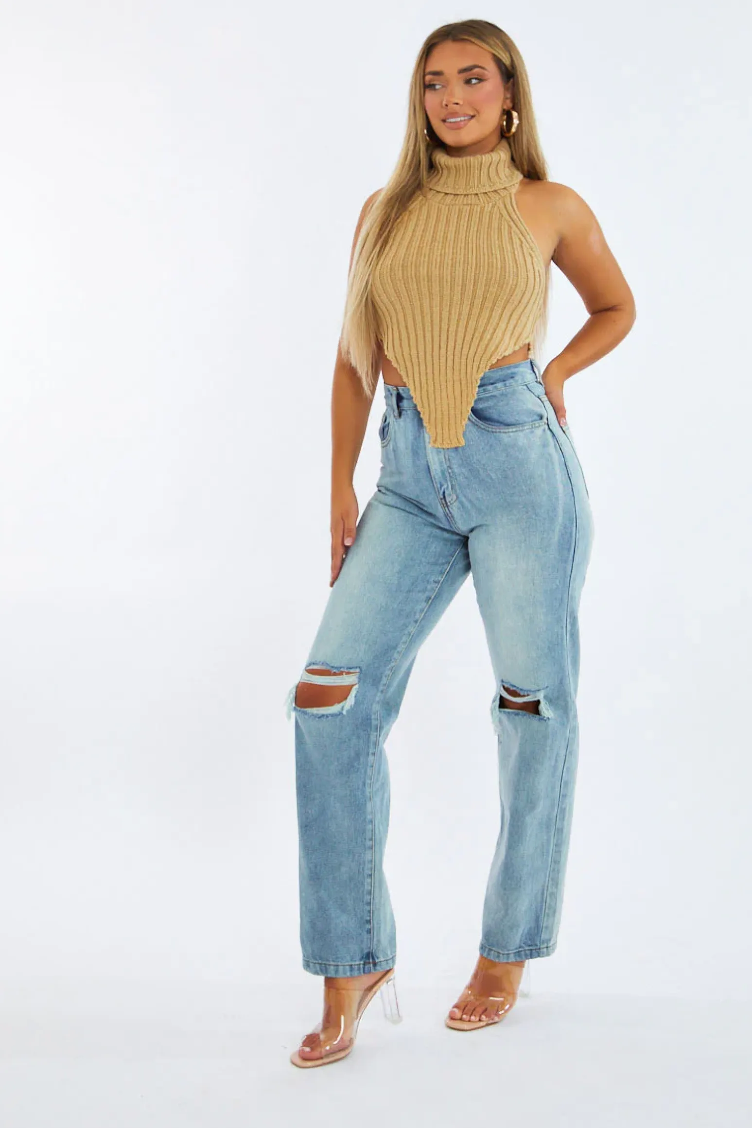 Rebellious Fashion Beige Knit Turtle Neck Asymmetric Crop Top - Tatum