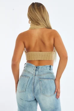Rebellious Fashion Beige Knit Turtle Neck Asymmetric Crop Top - Tatum