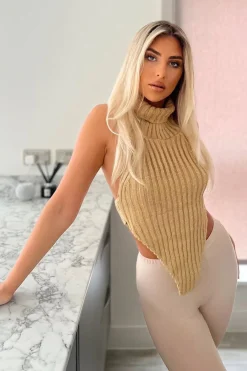 Rebellious Fashion Beige Knit Turtle Neck Asymmetric Crop Top - Tatum