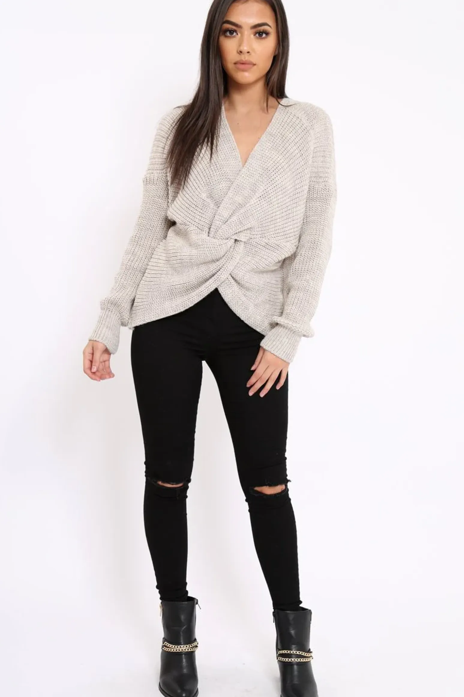 Rebellious Fashion Beige Knot Knit Jumper - Kerri