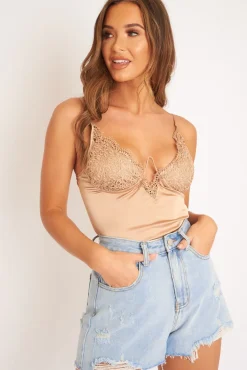 Rebellious Fashion Beige Lace Underwired Cup Detail Bodysuit - Mariah