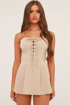 Rebellious Fashion Beige Lace Up Front Pleat Detail Playsuit - Codi