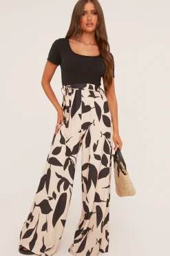 Rebellious Fashion Beige Leaf Print Round Neck Jumpsuit - Lewis