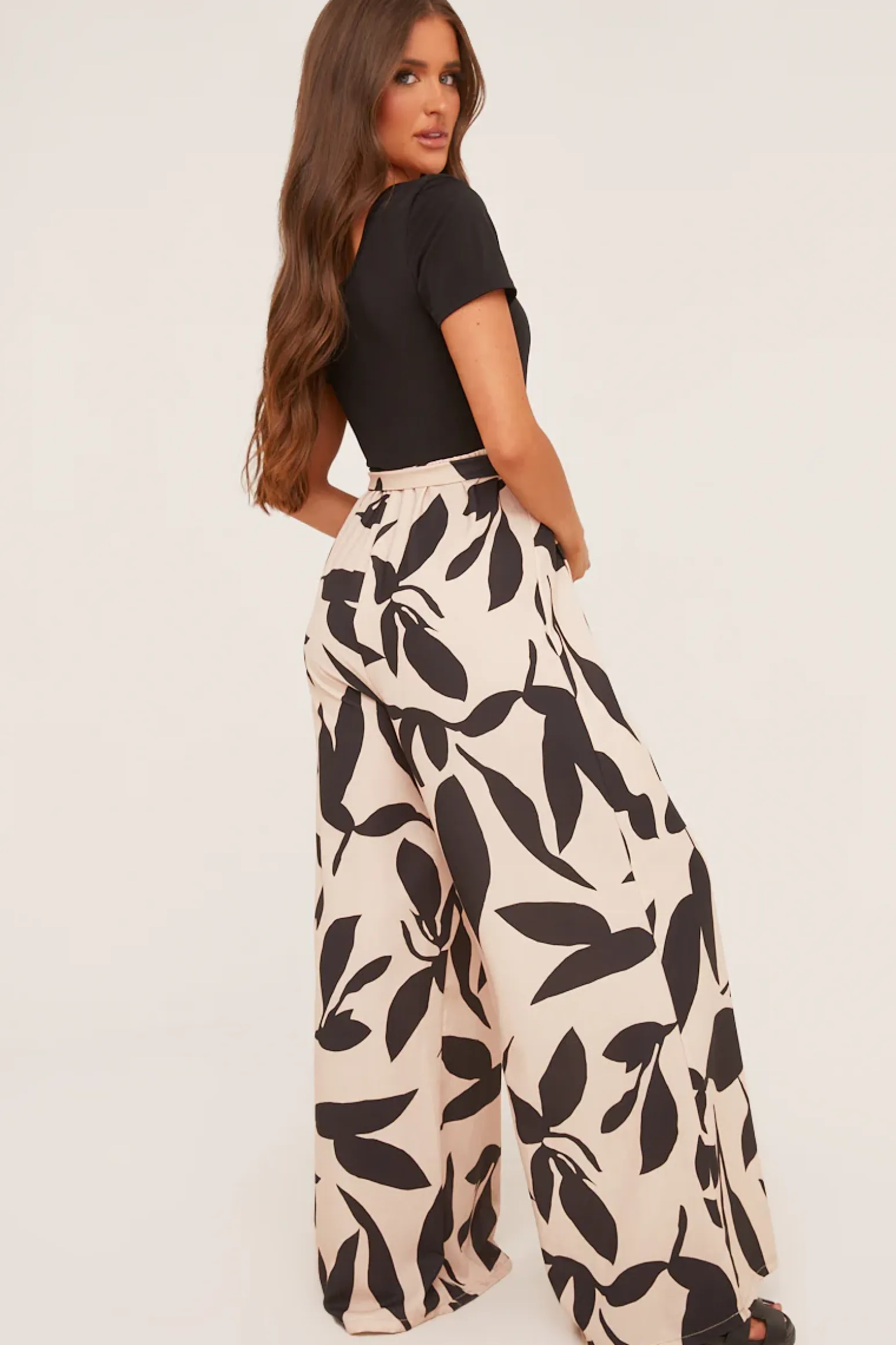 Rebellious Fashion Beige Leaf Print Round Neck Jumpsuit - Lewis