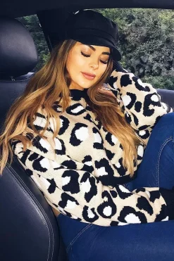 Rebellious Fashion Beige Leopard Crop Batwing Jumper - Raigen