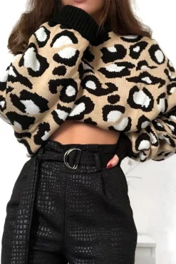 Rebellious Fashion Beige Leopard Crop Batwing Jumper - Raigen