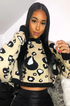 Rebellious Fashion Beige Leopard Crop Batwing Jumper - Raigen