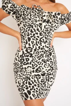 Rebellious Fashion Beige Leopard Print Bow Detail Milkmaid Mini Dress - Galena