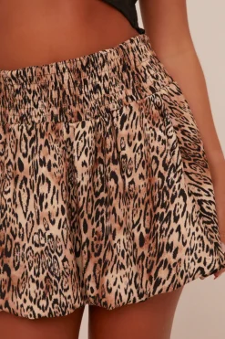 Rebellious Fashion Beige Leopard Print Puffball Shirring Detail Mini Skirt - Angie