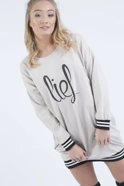 Rebellious Fashion Beige Lies Slogan Jumper Dress - Ellie