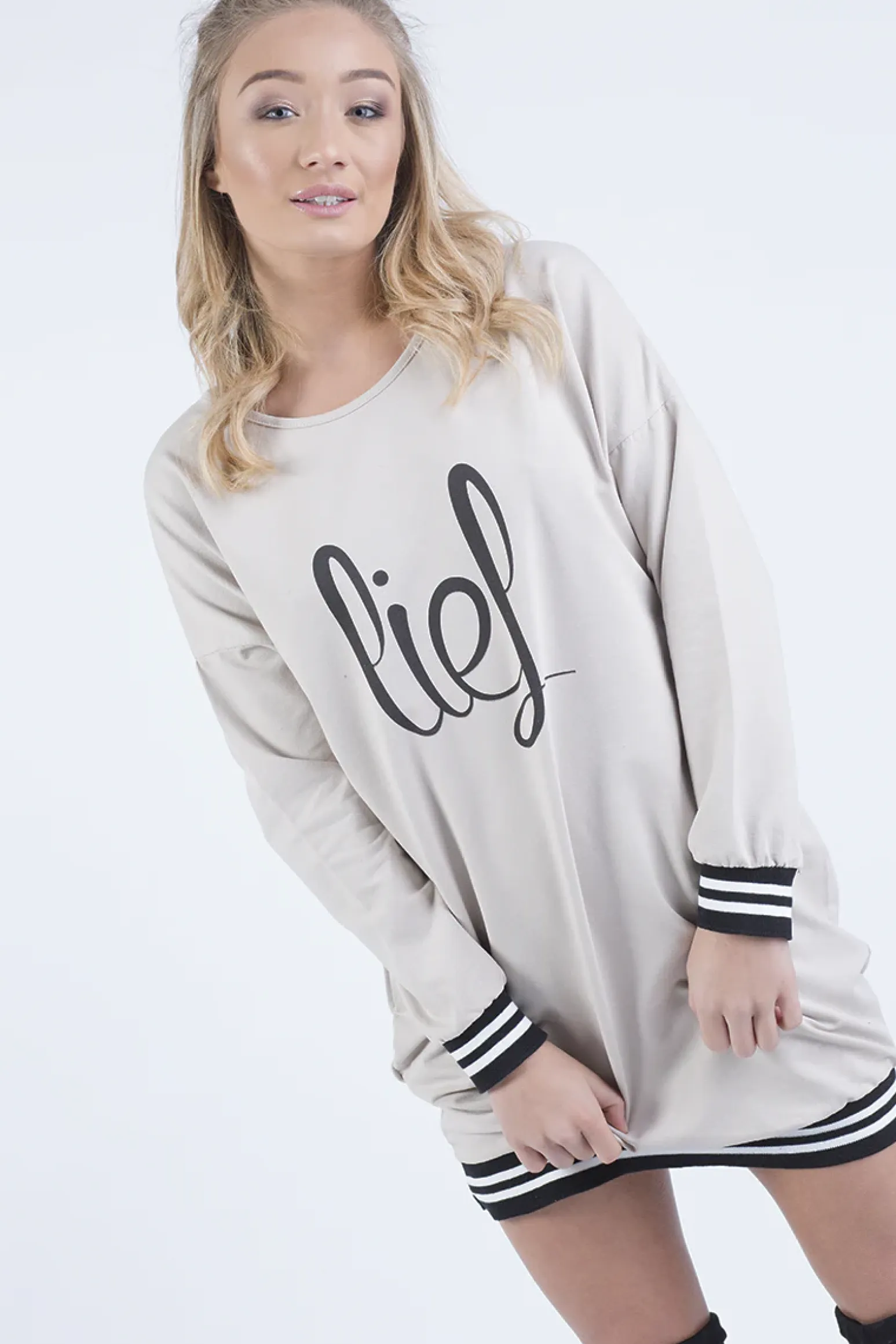 Rebellious Fashion Beige Lies Slogan Jumper Dress - Ellie