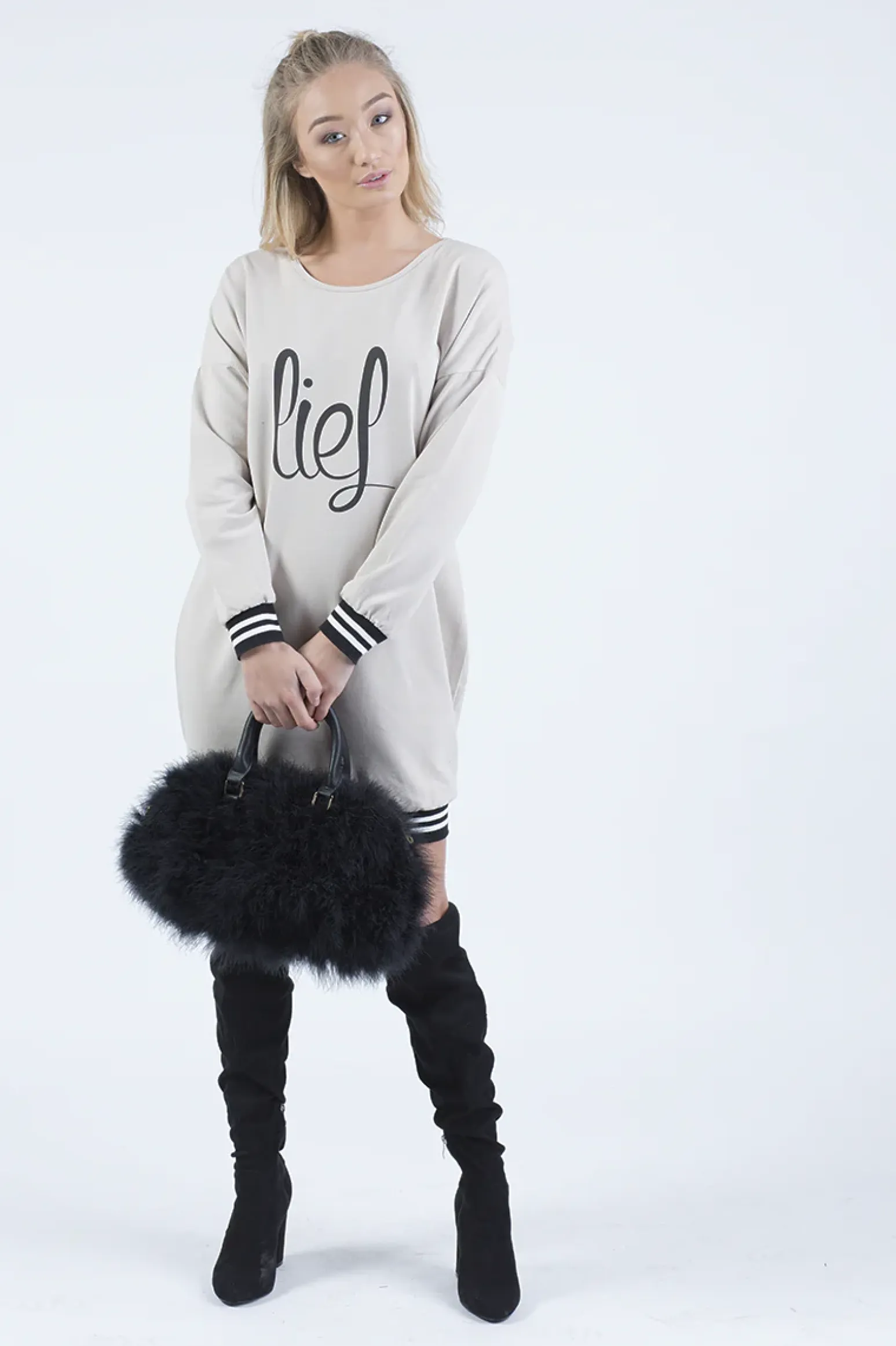 Rebellious Fashion Beige Lies Slogan Jumper Dress - Ellie